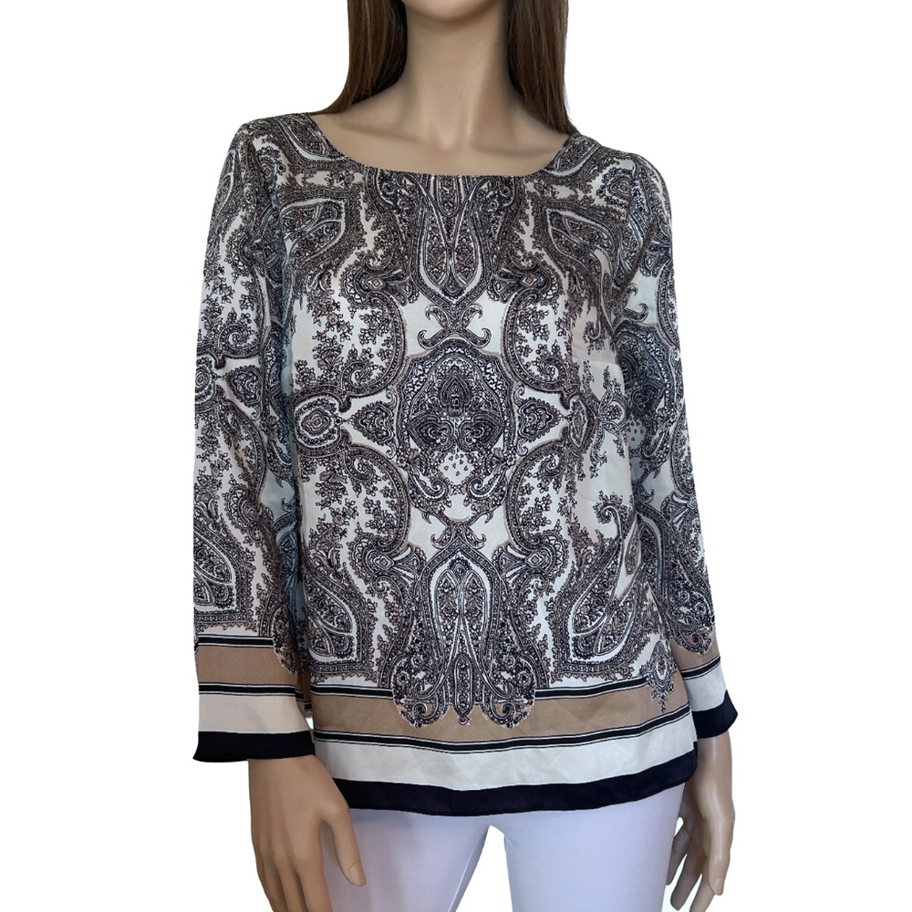 Talbots Paisley Floral Blouse Top Tunic Soft Silky Long Sleeve All Over Print